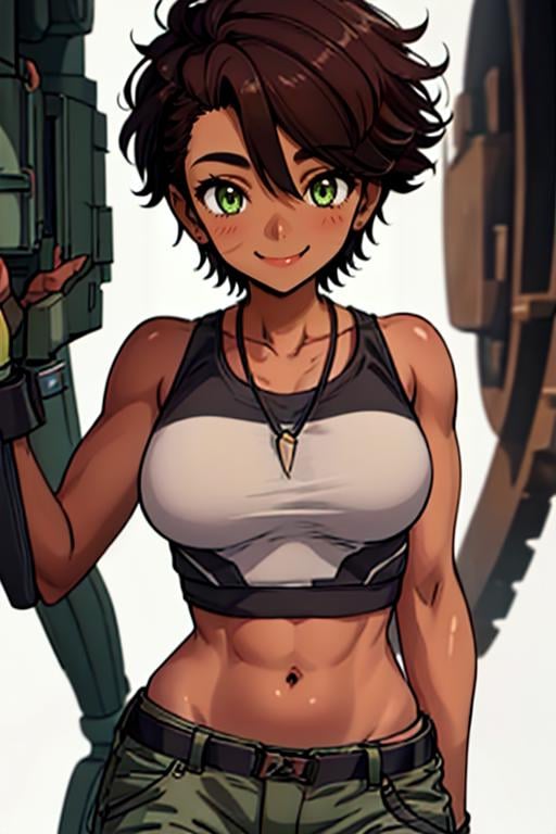 best quality, (masterpiece),(ultra-detailed), (high quality), (high resolution),   <lora:Vanya:0.7> vanyakuroko, short hair, brown hair, green eyes,  sleeveless, shorts,navel, dark skin, seductive smile, 