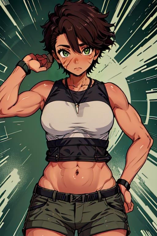 best quality, (masterpiece),(ultra-detailed), (high quality), (high resolution),   <lora:Vanya:0.7> vanyakuroko, short hair, brown hair, green eyes,  scar, sleeveless, shorts,navel, dark skin, 