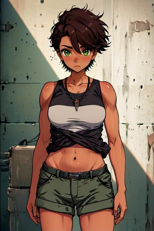 best quality, (masterpiece),(ultra-detailed), (high quality), (high resolution),   <lora:Vanya:0.7> vanyakuroko, short hair, brown hair, green eyes,  sleeveless, shorts,navel, dark skin, 