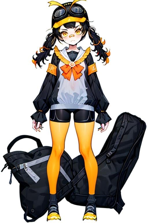 best quality, (masterpiece),(ultra-detailed), (high quality), (high resolution),  <lora:PeikoVT:0.7> ,PeikoVT, long hair, blonde hair, , black hair, long sleeves, hat, white background, bow, twintails, full body, yellow eyes, pantyhose, multicolored hair, shoes, virtual youtuber, nail polish, black footwear, orange hair, sleeves past wrists, transparent background, black shorts, goggles, bike shorts, black nails, goggles on head, bandaid on face, goggles on headwear