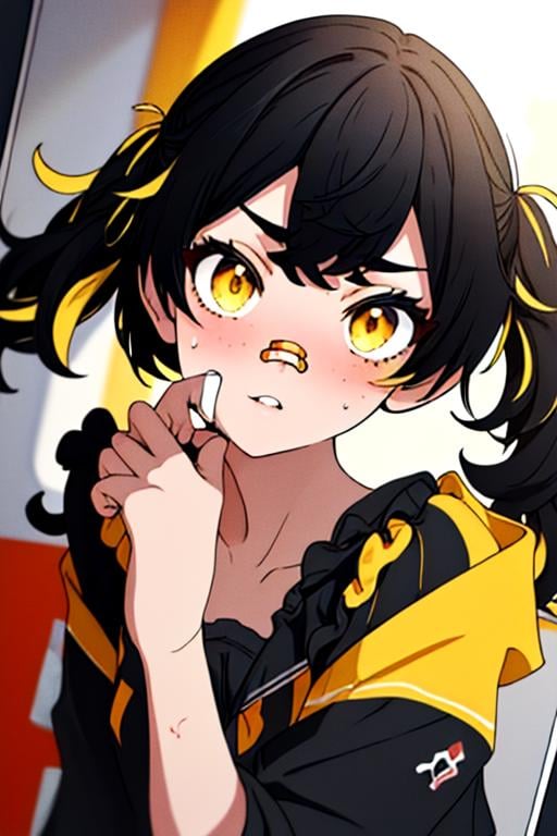 best quality, (masterpiece),(ultra-detailed), (high quality), (high resolution),  <lora:PeikoVT:0.7> peikovt, black hair, 1girl, multicolored hair, blonde hair, twintails, yellow eyes, bandaid, bandaid on nose