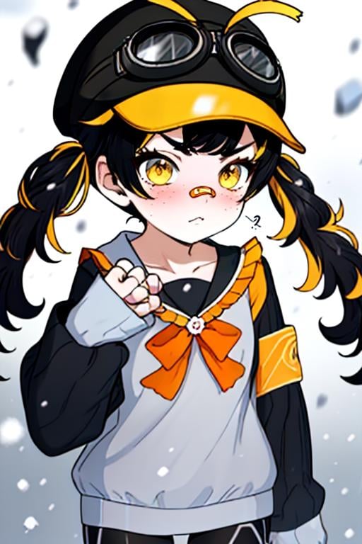 best quality, (masterpiece),(ultra-detailed), (high quality), (high resolution),  <lora:PeikoVT:0.7> ,PeikoVT, long hair, blonde hair, , black hair, long sleeves, hat, white background, bow, twintails,  yellow eyes, pantyhose, multicolored hair, nail polish, black footwear, orange hair, sleeves past wrists, goggles, bike shorts, black nails, goggles on head, bandaid on face, goggles on headwear,upper body, snowing, 