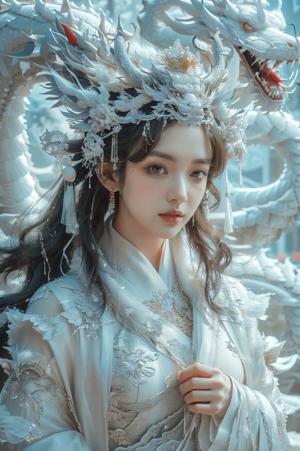  A royal elder sister, Keywords portrait photography, close-up shooting of people's faces, Front view, solemn,realism,,drakan_longdress_crown,Jewelry, gorgeous palaces, Chinese dragons, drakan_longdress_crown,Imperial robe,Dragon crown