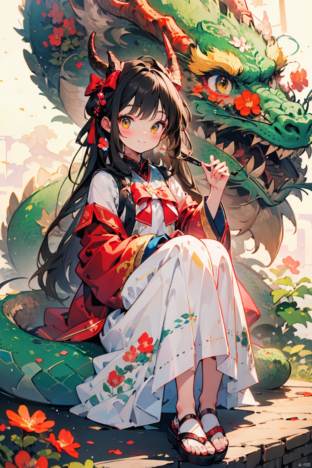  (((masterpiece))),((extremely detailed CG unity 8k wallpaper)),best quality,high resolution illustration,Amazing,highres, national tide,1girl, flower, dragon, eastern dragon, smile, sitting, looking at viewer, blush, solo, black hair, long hair, holding, long sleeves, sandals, horns, yellow eyes, closed mouth, bow, brown eyes, wide sleeves, red bow, bangs, hair bow, colors