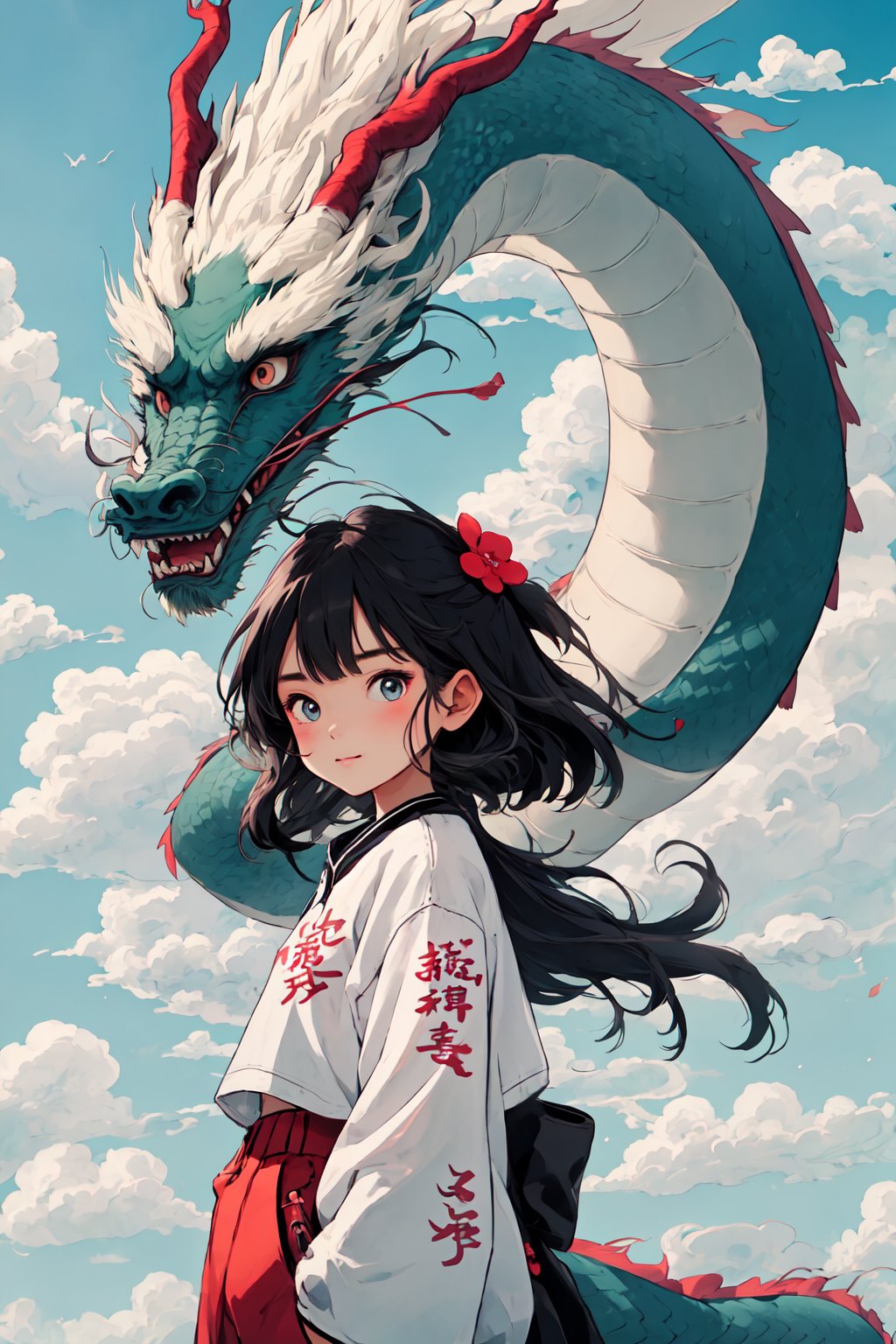 National tide,1girl,dragon,cloud,sky