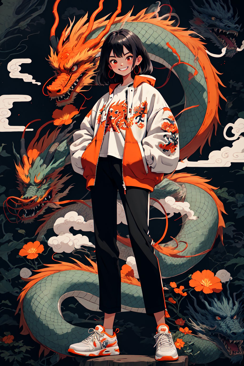 national tide,1girl,black hair,black pants,breathing fire,cloud,dragon,dragon girl,dragon tail,earrings,eastern dragon,fire,fish,flower,grin,hand in pocket,hands in pockets,jacket,jewelry,koi,leaf,long sleeves,looking at viewer,medium hair,open clothes,orange flower,oversized animal,pants,puffy long sleeves,puffy sleeves,red eyes,red flower,scales,sharp teeth,shirt,smile,smoke,snake,solo,spider lily,tail,teeth