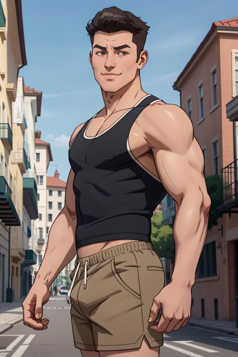 Masterpiece, Best Quality, 1boy, solo, slim, mark, short hair, blakc hair, BREAK, brown eyes,  smirk, tank top, toned, shorts, city, looking at viewer, cowboy_shot