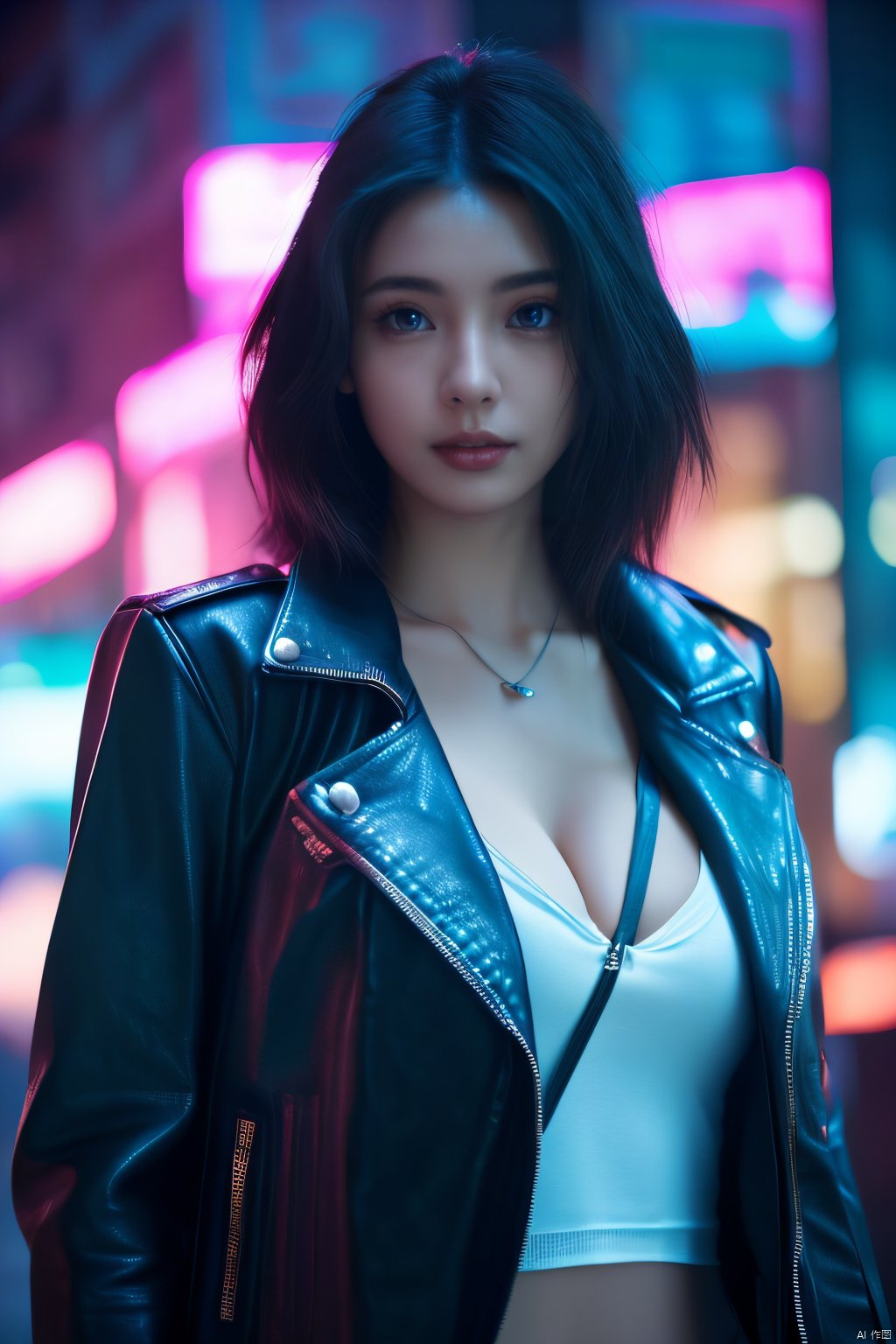 Cyberpunk girl,1girl,solo, looking at viewer,black hair,cleavage,jewelry,medium breasts,jacket,upper body,midriff,necklace,blurry,lips,realistic,nose,leather,leather jacket,((beautiful face:1.2)),((beautiful eyes:1.4))