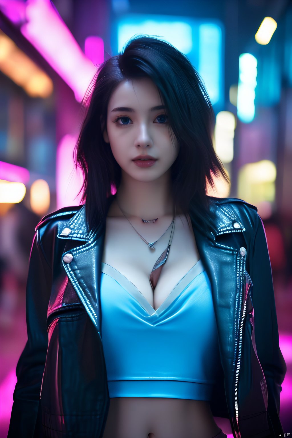 Cyberpunk girl,1girl,solo, looking at viewer,black hair,cleavage,jewelry,medium breasts,jacket,upper body,midriff,necklace,blurry,lips,realistic,nose,leather,leather jacket,((beautiful face:1.2)),((beautiful eyes:1.4)),long hair