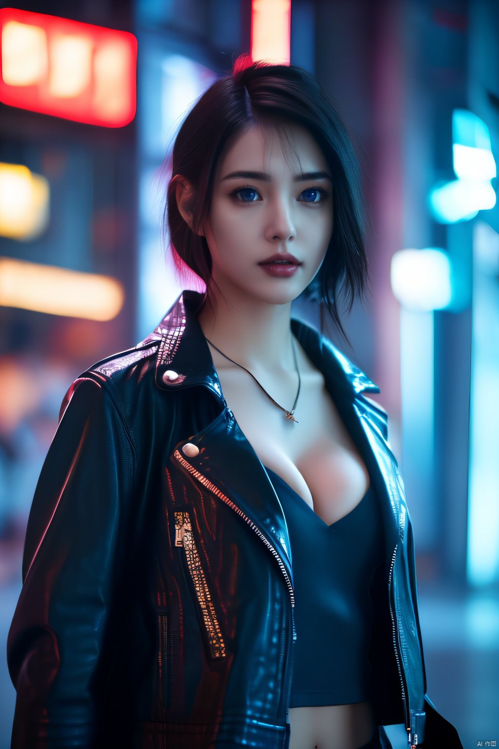 Cyberpunk girl,1girl,solo, looking at viewer,black hair,cleavage,jewelry,medium breasts,jacket,upper body,midriff,necklace,blurry,lips,realistic,nose,leather,leather jacket,((beautiful face:1.2)),((beautiful eyes:1.4))