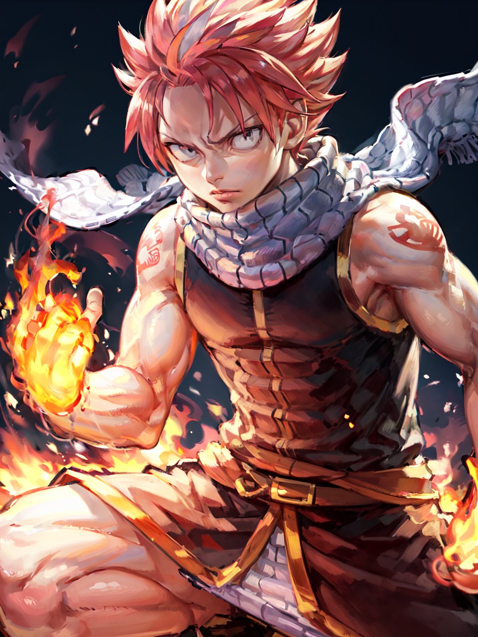 masterpiece, best quality, 1boy, natsu dragneel, scarf, sleeveless, black eyes, fire, arm up, 