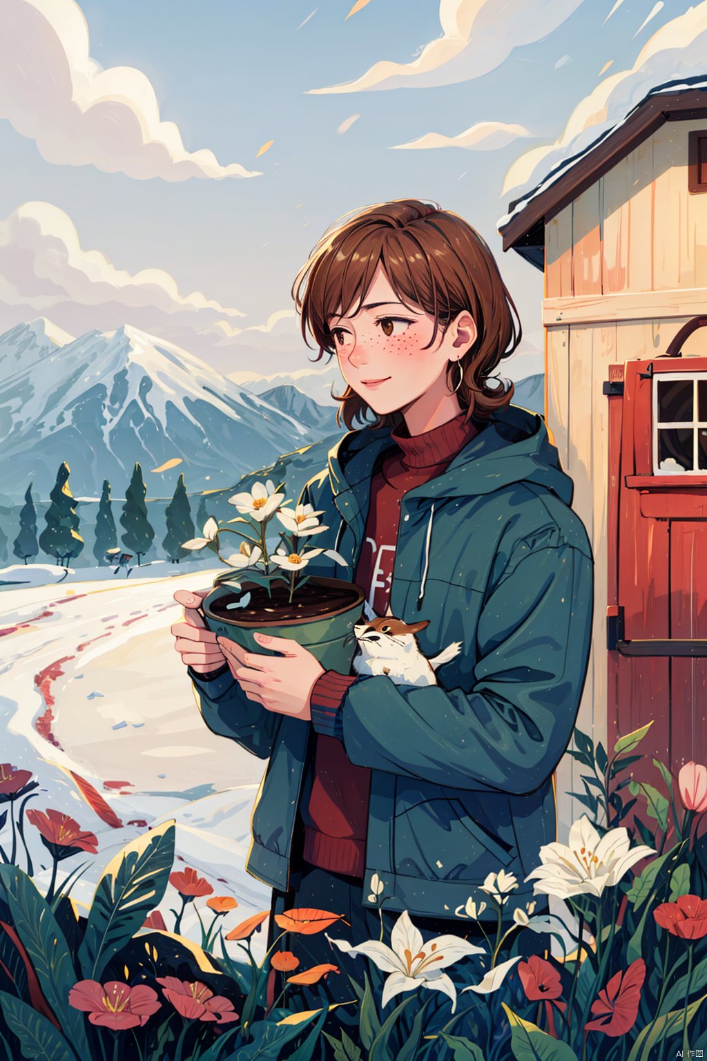 TT, TT, snow, no humans, outdoors, sky, scenery, tree, day, cloud, blue sky, bird, winter, mountain, animal, dog, house, snowing, umbrella, 1girl, solo, brown hair, plant, earrings, flower, white flower, upper body, smile, jewelry, blush, holding, yellow background, long sleeves, leaf, jacket, potted plant, freckles, simple background, shirt, shadow, pink jacket, bangs, medium hair