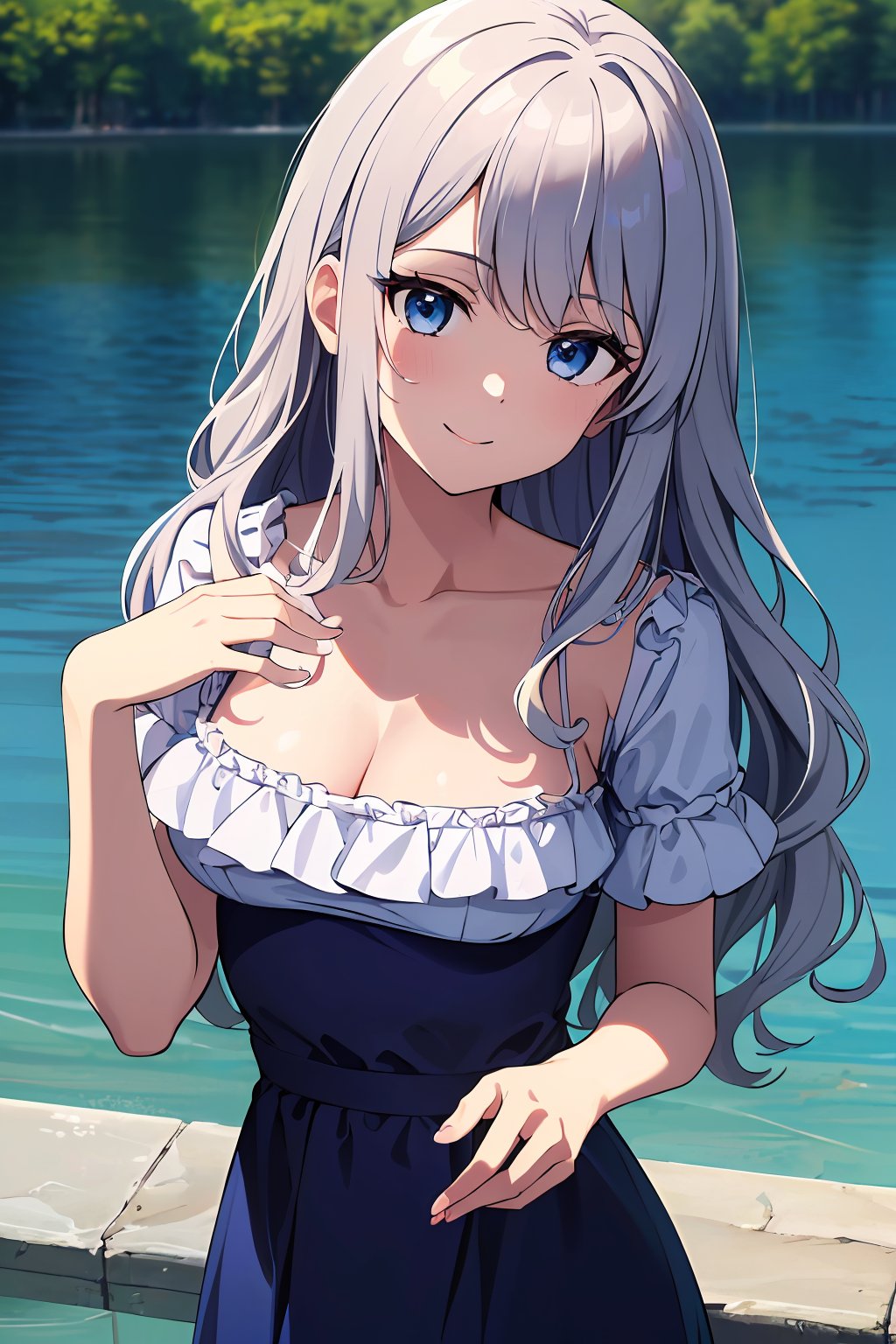 ((absurdres, highres, ultra detailed, high resolution, masterpiece, best quality, very fine 8KCG wallpapers)), 1 girl, solo, large breasts, light smile, long hair, wavy hair, silver hair, blue eyes, dress, frills, head tilt, day, calm and quiet spring lakeside, nice hands, perfect hands,