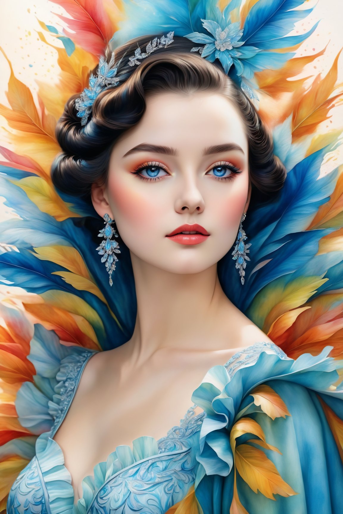 (best quality, 8K, highres, masterpiece),  ultra-detailed,  (watercolor,  colored pencil drawing),  portraying a beautiful girl reminiscent of Vivien Leigh. The artwork bursts with a vibrant array of colors including black,  light blue,  and other vivid tones. The portrait features a shiny aura,  intricate motifs,  and organic tracery,  creating a hyper-realistic and highly detailed masterpiece. The composition is perfect,  with shining particles adding to the realism. The frilly blouse and light makeup are depicted with an explosion of colors,  making this artwork a mesmerizing celebration of vivid hues and artistic brilliance.