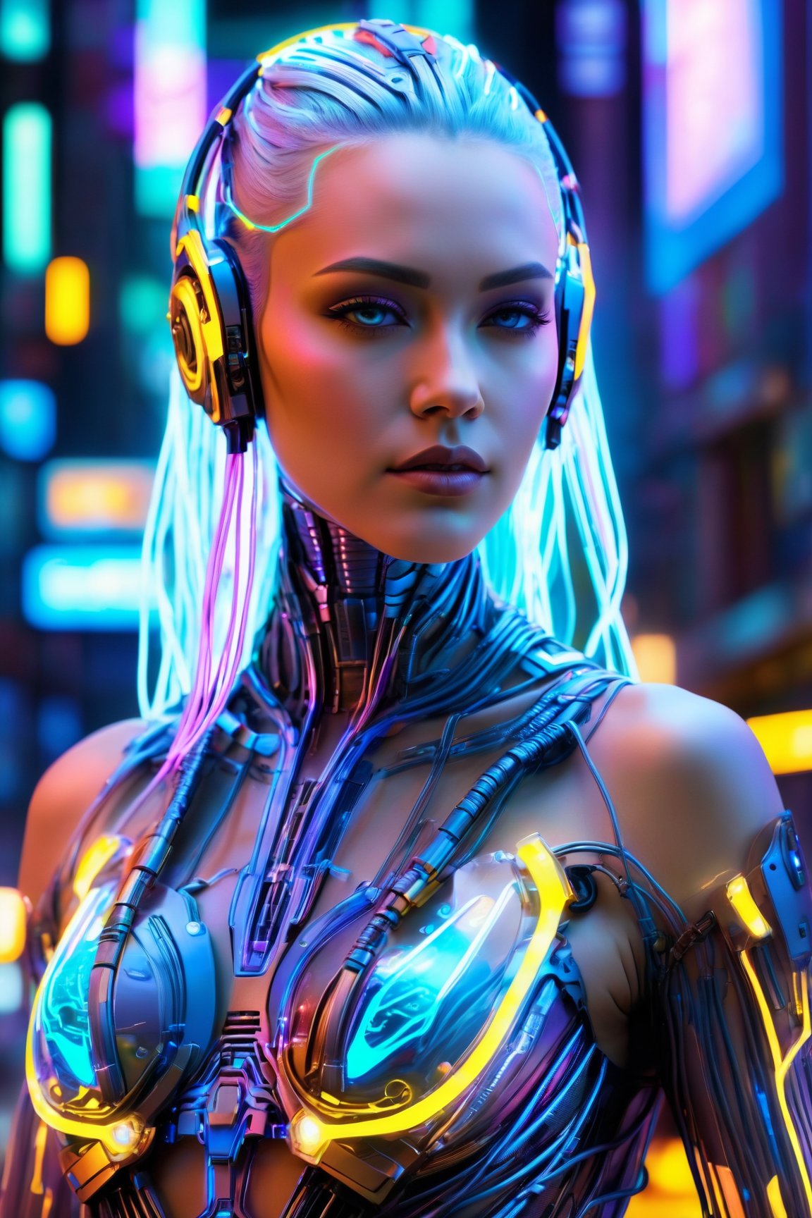 (best quality, 4k, 8k, highres, masterpiece:1.2),  ultra-detailed,  (realistic, photorealistic, photo-realistic:1.37),  cyborg woman,  transparent rib cage made of glass,  neon cables,  gears inside the glass body,  glowing circuits,  futuristic mechanical parts,  cybernetic enhancements,  metallic skin,  stunning silver hair flow,  piercing eyes,  high-tech headset,  sleek and angular body,  dynamic pose,  urban background,  neon-lit cityscape,  vibrant colors,  holographic projections,  dramatic lighting