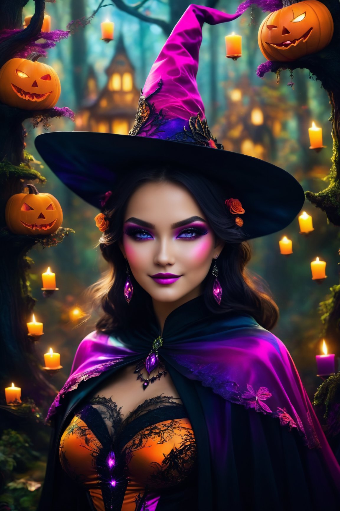 (best quality, 8K, highres, masterpiece:1.2), ultra-detailed, (fantasy creature, enchanting, magical), portrayal of a sexy witch in a Halloween costume. She exudes an otherworldly charm, with vibrant and vivid colors adorning her outfit. Her costume combines elements of fantasy, featuring a mesmerizing witch hat, long flowing hair, and a black cape that billows with colorful brilliance. Her makeup is a kaleidoscope of fantastical hues, and her eyes are adorned with magical, colorful patterns that create a mesmerizing effect. The scene is illuminated by a stunning combination of HDR, UHD, and studio lighting, which brings out the rich details of her physically-based rendering. The dark forest background is transformed into a wonderland of vibrant, enchanting colors, giving the entire composition a surreal and magical atmosphere. Candlelight adds a warm and mystical glow, enhancing the fantasy creature's allure. Her mysterious smile and the haunting, gothic ambiance further elevate this artwork into a captivating realm of magic and fantasy