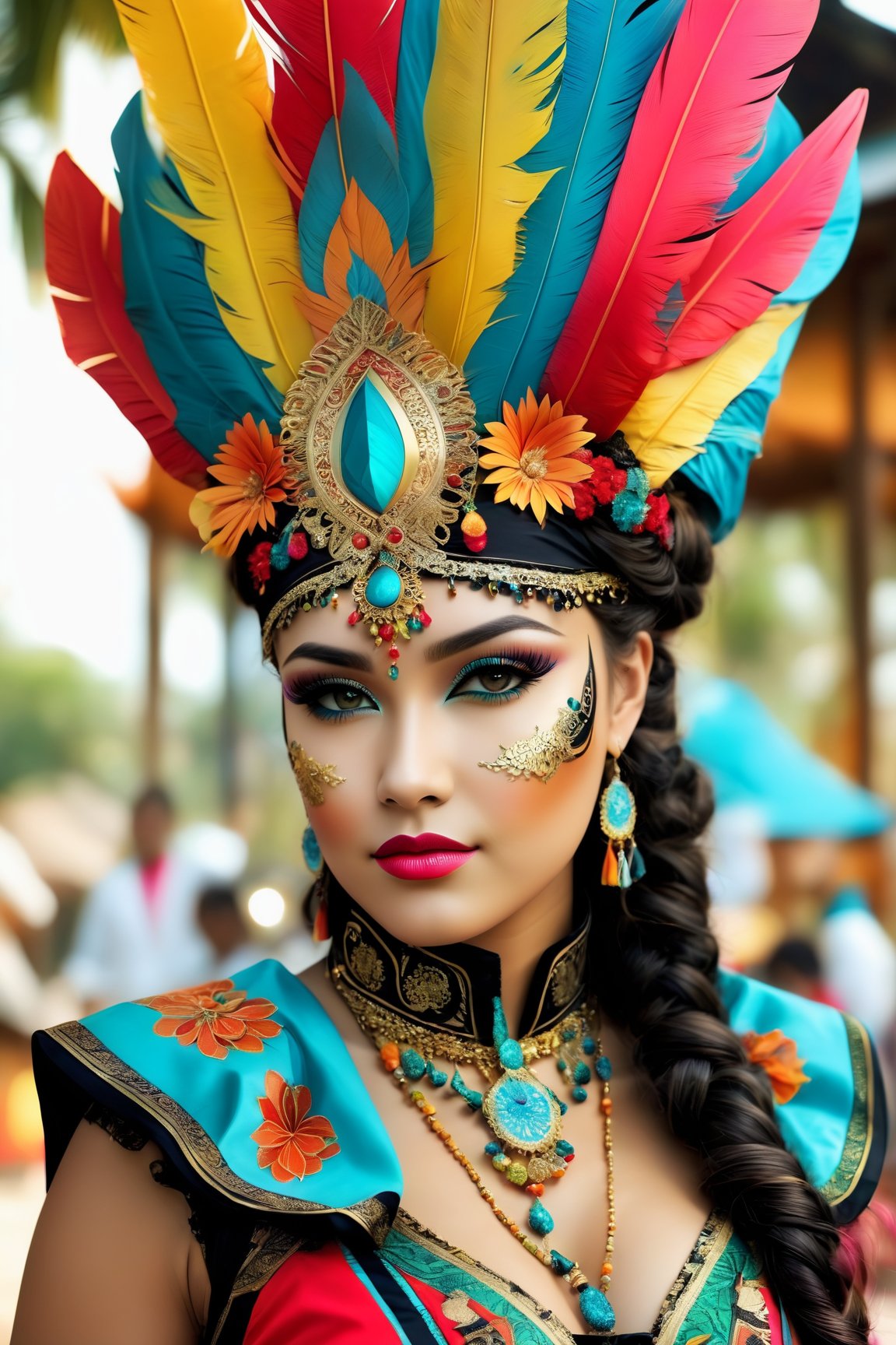 A woman wearing a costume for carnival,  with religious images,  avoiding the use of feathers. Illustration as the medium,  with best quality,  4k resolution,  and ultra-detailed. The girl has beautiful detailed eyes and lips,  and her face and eyelashes are extremely detailed. She is wearing a vibrant and elaborate costume,  adorned with religious symbols and motifs. The costume is made of high-quality materials,  resembling a combination of traditional garments and modern designs. It is a masterpiece of craftsmanship,  with sharp focus and vivid colors. The overall style is a mix of cultural heritage and contemporary aesthetics. The color palette consists of bright and contrasting hues,  emphasizing the festive atmosphere. The lighting captures the richness of the colors and highlights the intricate details of the costume