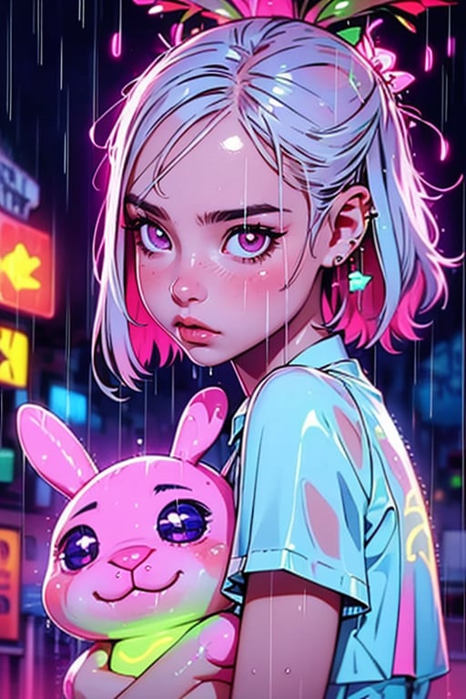 1girl, solo, looking at viewer, short hair, holding, jewelry, closed mouth, upper body, white hair, earrings, medium hair, pink eyes, wet, glowing, piercing, stuffed toy, stuffed animal, ear piercing, rain, rabbit, stuffed bunny, neon lights,