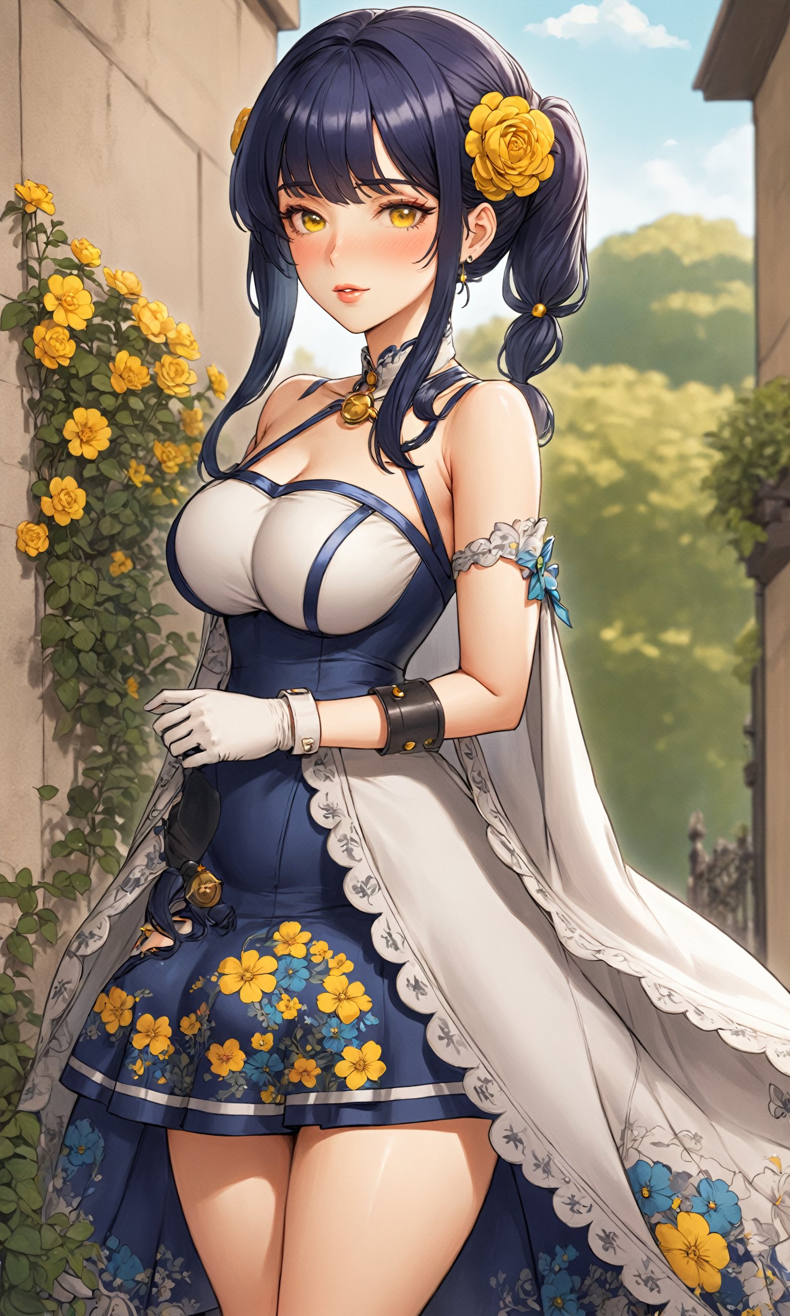 (Masterpiece),  (highres),  8k,  (traditional media:1.2),  manga,  digital illustration,  2d,  retro artstyle,  (ultra-detailed portrait of a girl in a doll dress in a garden,  floral print,  beautiful,  princess,  hair ornament,  leaning against wall,  gloves,  colorful,  extremely detailed,  detailed face,  lipstick,  twintails,  dark blue hair,  yellow eyes,  from below,  from side,  looking back,  looking at viewer,  stylish,  expressive,  smirk,  smug, , mature female,  looking to the side,  shoulder cape,  cool,  aged up,  officer,  intricate watch,  head tilt,  looking at viewer,  v arms,  cowboy shot,  fully clothed,  (8k resolution), r0b0cap,<lora:EMS-264907-EMS:0.500000>