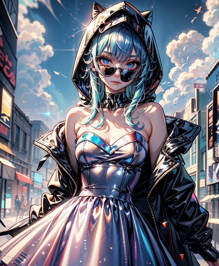 1girl, solo, long hair, breasts, looking at viewer, blue eyes, long sleeves, dress, bare shoulders, closed mouth, blue hair, collarbone, jacket, small breasts, outdoors, open clothes, sky, cloud, hood, off shoulder, strapless, expressionless, cloudy sky, strapless dress, multicolored clothes, purple dress, hood up