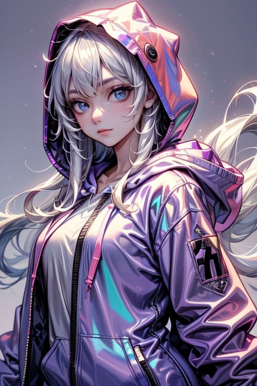 1girl, solo, long hair, looking at viewer, blue eyes, long sleeves, closed mouth, jacket, upper body, white hair, hood, grey background, hoodie, hooded jacket, hood up, zipper, purple hoodie,1 girl