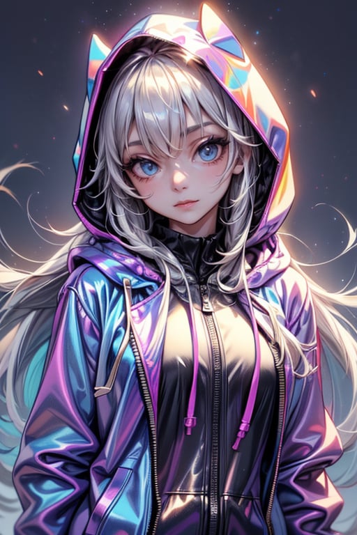 1girl, solo, long hair, looking at viewer, blue eyes, long sleeves, closed mouth, jacket, upper body, white hair, hood, grey background, hoodie, hooded jacket, hood up, zipper, purple hoodie,1 girl