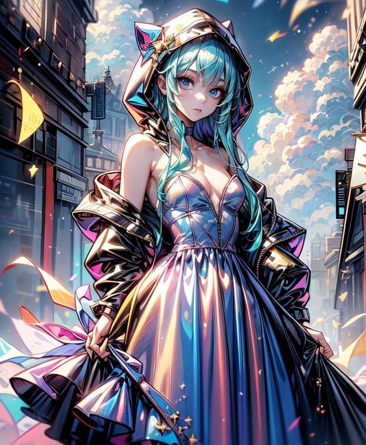 1girl, solo, long hair, breasts, looking at viewer, blue eyes, long sleeves, dress, bare shoulders, closed mouth, blue hair, collarbone, jacket, small breasts, outdoors, open clothes, sky, cloud, hood, off shoulder, strapless, expressionless, cloudy sky, strapless dress, multicolored clothes, purple dress, hood up