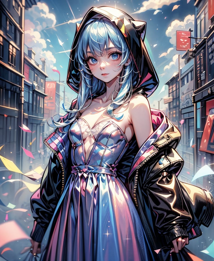 1girl, solo, long hair, breasts, looking at viewer, blue eyes, long sleeves, dress, bare shoulders, closed mouth, blue hair, collarbone, jacket, small breasts, outdoors, open clothes, sky, cloud, hood, off shoulder, strapless, expressionless, cloudy sky, strapless dress, multicolored clothes, purple dress, hood up