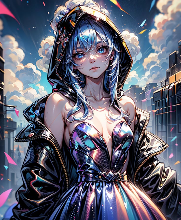 1girl, solo, long hair, breasts, looking at viewer, blue eyes, long sleeves, dress, bare shoulders, closed mouth, blue hair, collarbone, jacket, small breasts, outdoors, open clothes, sky, cloud, hood, off shoulder, strapless, expressionless, cloudy sky, strapless dress, multicolored clothes, purple dress, hood up