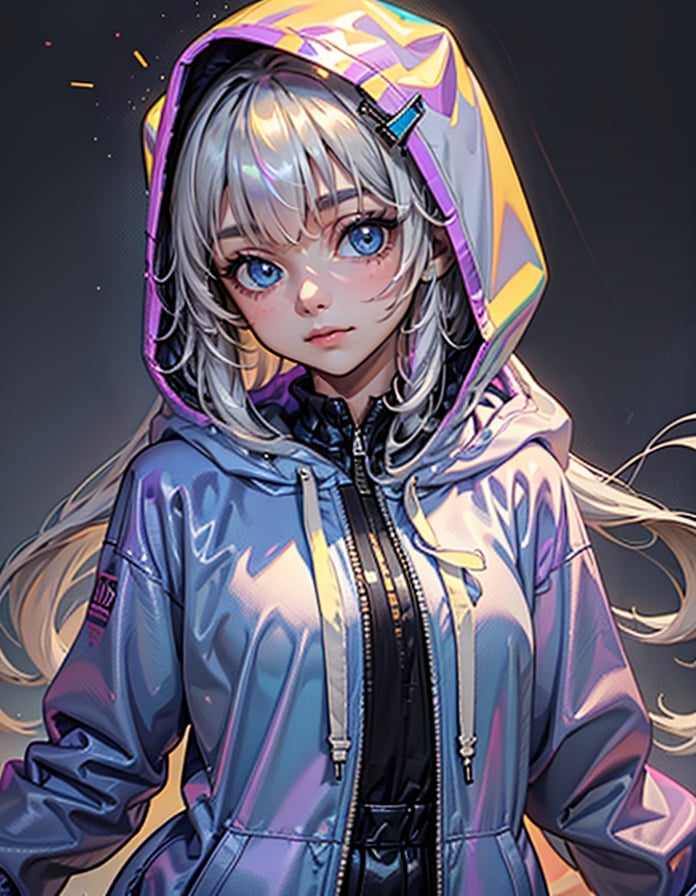 1girl, solo, long hair, looking at viewer, blue eyes, long sleeves, closed mouth, jacket, upper body, white hair, hood, grey background, hoodie, hooded jacket, hood up, zipper, purple hoodie