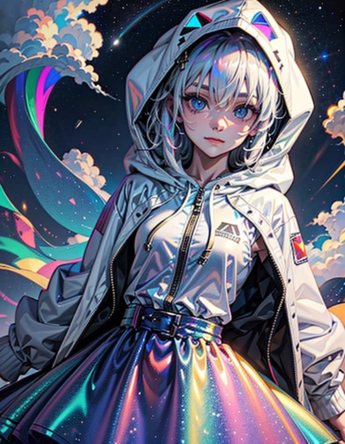 1girl, solo, long hair, looking at viewer, blue eyes, long sleeves, hair between eyes, closed mouth, jacket, upper body, white hair, sky, cloud, hood, hoodie, hood down, star (sky), night sky, hooded jacket, rainbow. white skirt, 