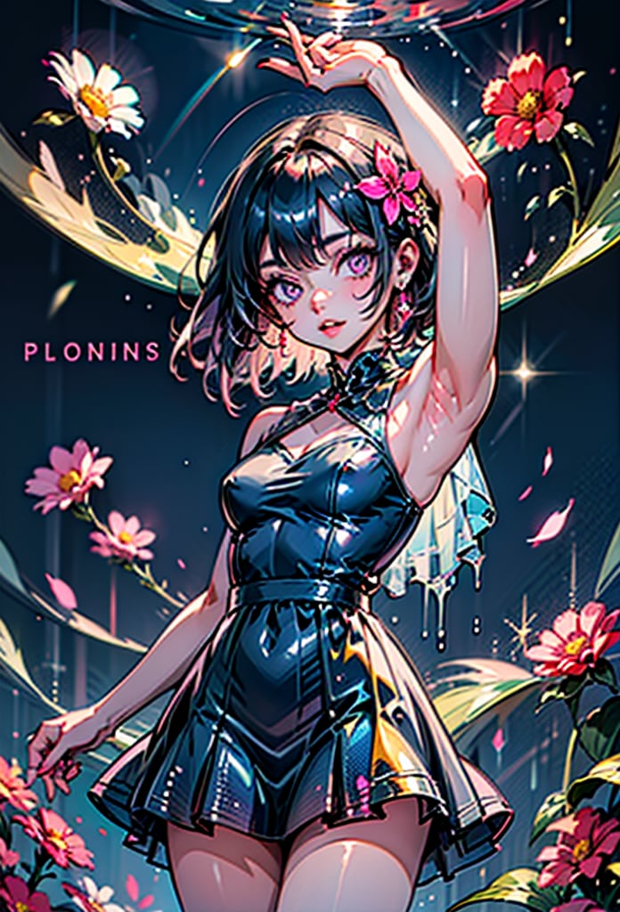 1girl, solo, breasts, looking at viewer, short hair, black hair, hair ornament, dress, holding, bare shoulders, jewelry, standing, purple eyes, flower, cowboy shot, earrings, small breasts, parted lips, sleeveless, shiny, artist name, hair flower, armpits, nail polish, arm up, lips, bare arms, sleeveless dress, blue dress, short dress, purple dress, pink flower, colorful