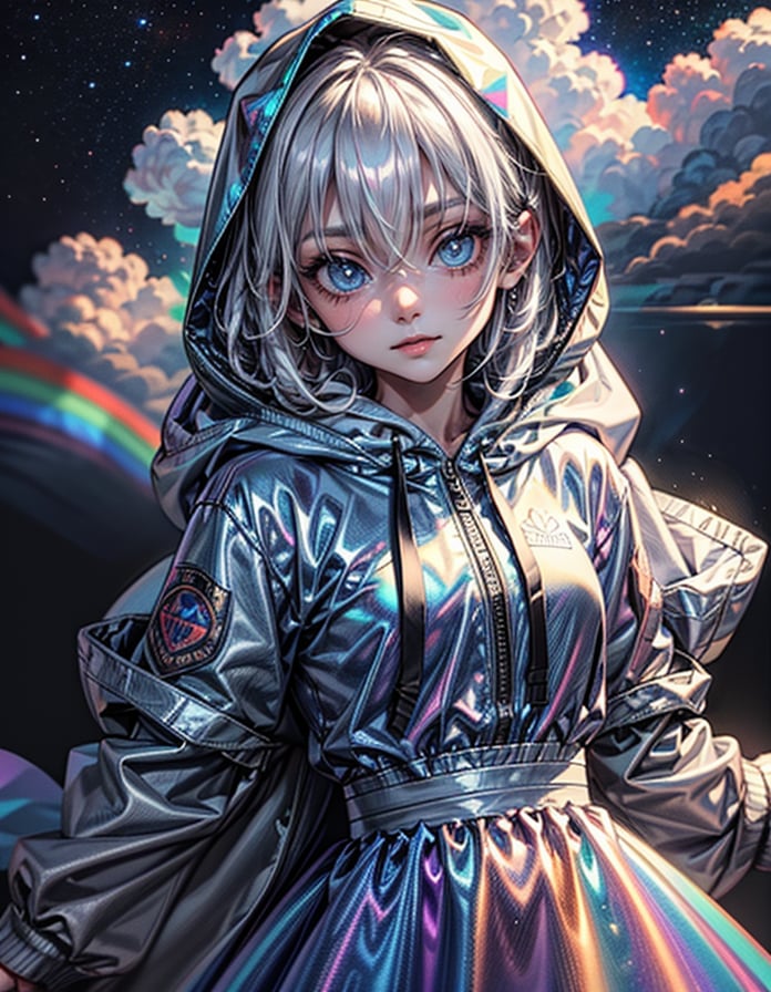 1girl, solo, long hair, looking at viewer, blue eyes, long sleeves, hair between eyes, closed mouth, jacket, upper body, white hair, sky, cloud, hood, hoodie, hood down, star (sky), night sky, hooded jacket, rainbow. white skirt, 