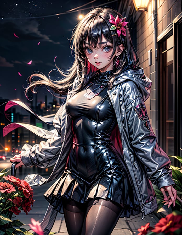 1girl, solo, long hair, breasts, looking at viewer, blush, blue eyes, skirt, black hair, hair ornament, long sleeves, jewelry, medium breasts, standing, jacket, flower, pantyhose, multicolored hair, cowboy shot, pleated skirt, earrings, outdoors, parted lips, hairclip, shiny, hood, black skirt, black pantyhose, hoodie, night, piercing, hood down, x hair ornament, building, ear piercing, colored inner hair, grey hoodie