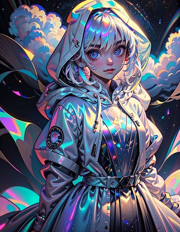 1girl, solo, long hair, looking at viewer, blue eyes, long sleeves, hair between eyes, closed mouth, jacket, upper body, white hair, sky, cloud, hood, hoodie, hood down, star (sky), night sky, hooded jacket, rainbow. white skirt, 