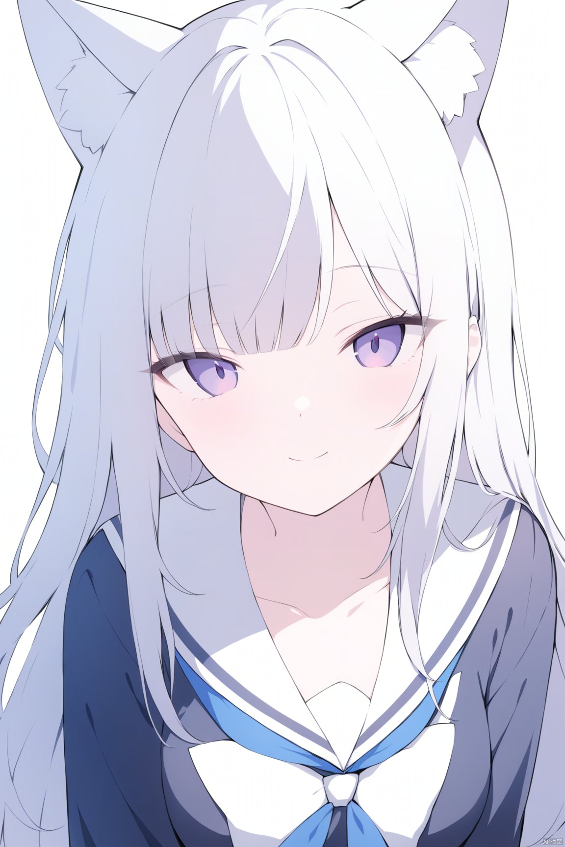  cleavage, (cat ears), half-closed eyes, school uniform, 1girl, solo, looking at viewer, flower, long hair, bangs, closed mouth, simple background, white background, upper body, white hair, hair intakes, purple eyes, expressionless, eyelashes, best quality, smile, White cat ears