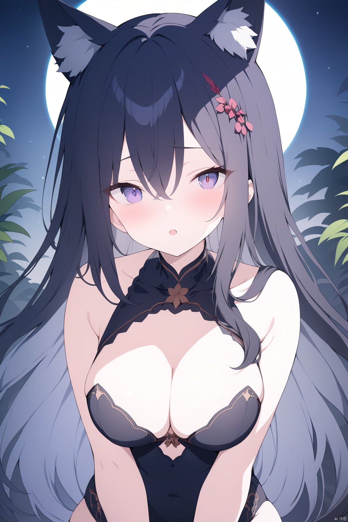  (Fantasy costume: 1.3), cleavage, Blush, be happy, open your mouth, (Highest picture quality), (Master's work), (Detailed eye description), (8K wallpaper)(De-tailed face description), (1girl), highest detailed, (masterpiece, top quality, best quality, official art, beautiful and aesthetic:1.2), extreme detailed, 1girl, solo, cruel, ((black hair:1.4)), long hair, upper body, ((half body)) , jungle, wolf girl, wolf ears, purple eyes, highlights , Part of her hair was dyed red, night, full moon, claw pose