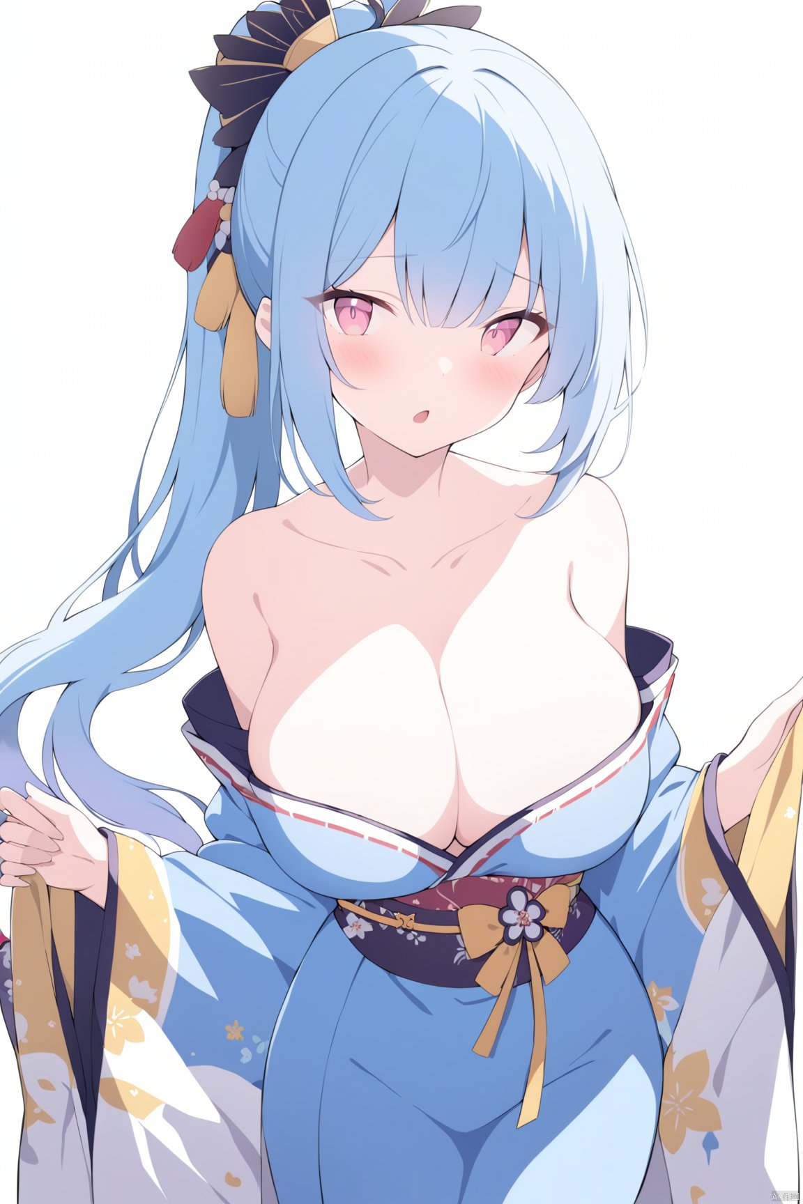 1girl, solo, long hair, breasts, looking at viewer, blush, open mouth, bangs, large breasts, hair ornament, long sleeves, cleavage, bare shoulders, blue hair, collarbone, ponytail, japanese clothes, wide sleeves, pink eyes, kimono, off shoulder, sleeves past wrists, sash, obi, blue kimono