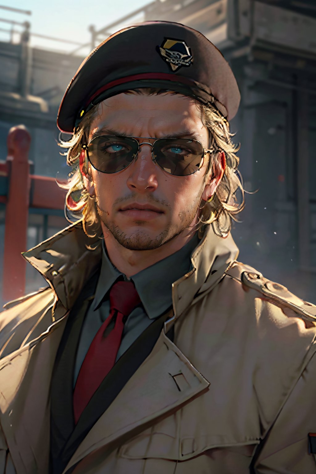 Kazuhira Miller, blue eyes, blond hair, stubble, wore aviator sunglasses, white collared shirt, green suit with a red tie,  khaki trench coat, black beret, fit body, handsome, charming, alluring, intense gaze, (standing), (upper body in frame), perfect light, only1 image, perfect anatomy, perfect proportions, perfect perspective, 8k, HQ, (best quality:1.2, hyperrealistic:1.2, photorealistic:1.2, madly detailed CG unity 8k wallpaper:1.2, masterpiece:1.2, madly detailed photo:1.2), (hyper-realistic lifelike texture:1.2, realistic eyes:1.2), picture-perfect face, perfect eye pupil, detailed eyes, realistic, HD, UHD, front view, portrait