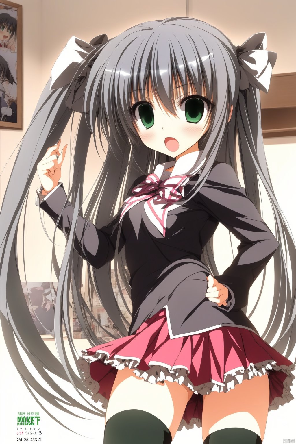 GSEN, 1girl, thighhighs, solo, green eyes, twintails, no panties, long hair, ass, grey hair, calendar \(medium\), skirt, black thighhighs, school uniform, open mouth, blush, bow, nyarlathotep \(nyaruko-san\), :o, very long hair