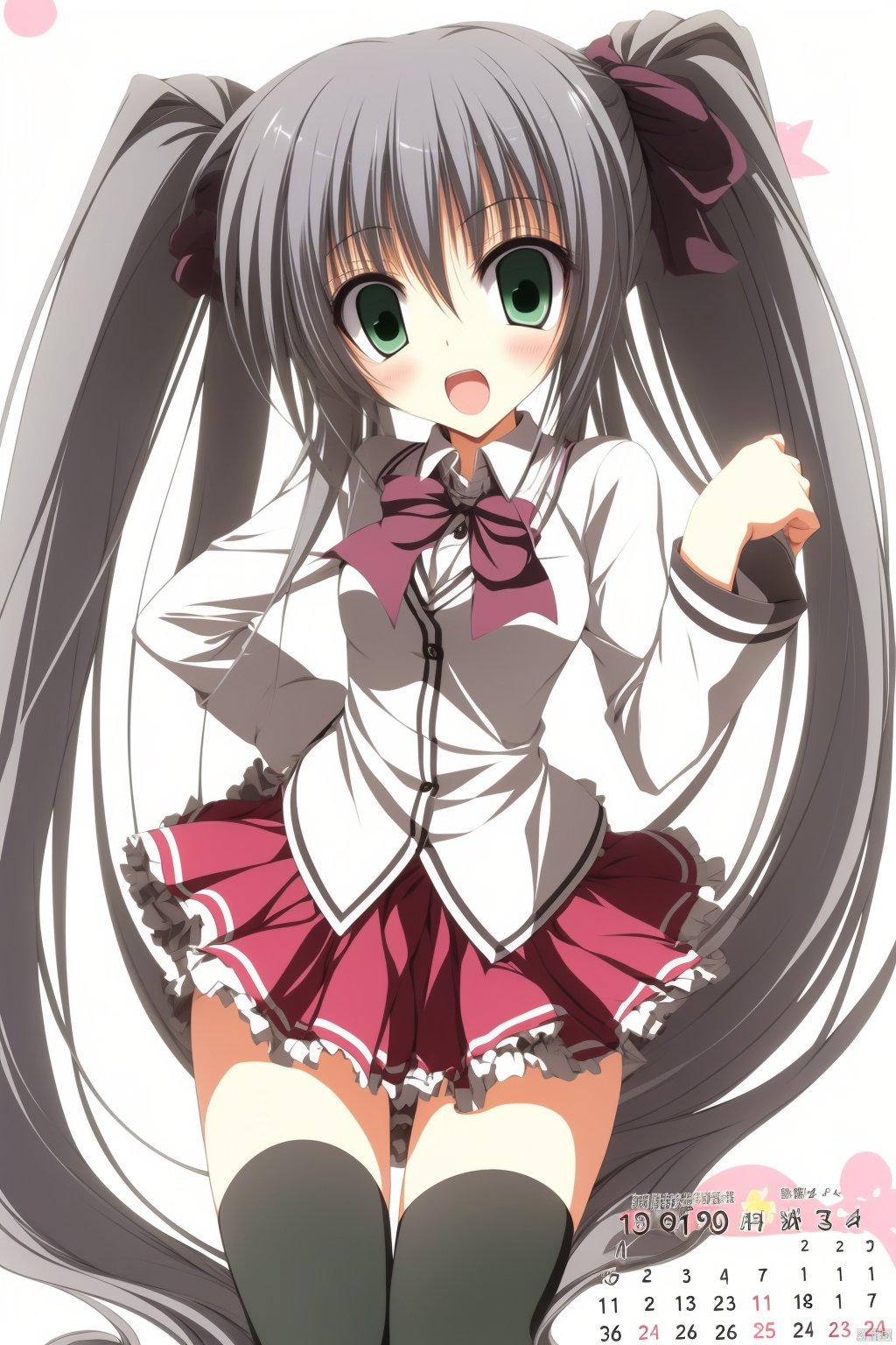 GSEN, 1girl, thighhighs, solo, green eyes, twintails, no panties, long hair, ass, grey hair, calendar \(medium\), skirt, black thighhighs, school uniform, open mouth, blush, bow, nyarlathotep \(nyaruko-san\), :o, very long hair