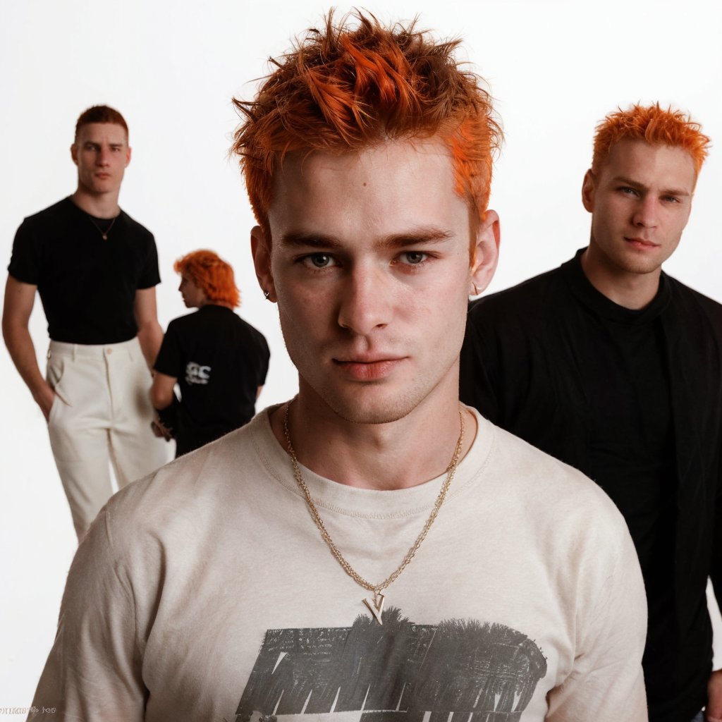 handsome man, 1990s, Gen X soft Club, punk, rock, cybercore, cool, hot, orange hair, youthful, boy band, 32K, HQ, realistic, photorealistic, soft lighting, aesthetic, portrait, white background, Masterpiece, MTV,handsome male,Gen X Club