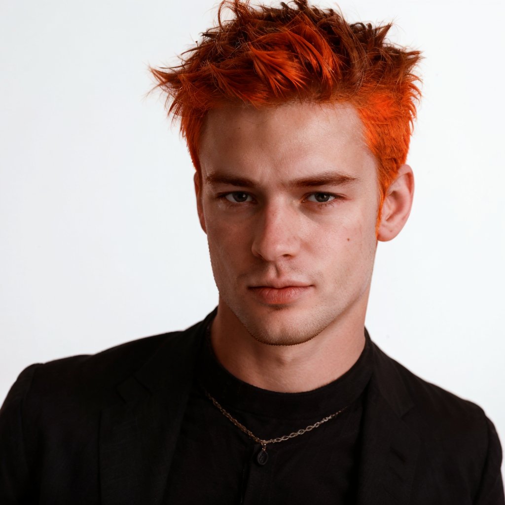 handsome man, 1990s, Gen X soft Club, punk, rock, cybercore, cool, hot, orange hair, youthful, boy band, 32K, HQ, realistic, photorealistic, soft lighting, aesthetic, portrait, white background, Masterpiece, MTV,handsome male,Gen X Club