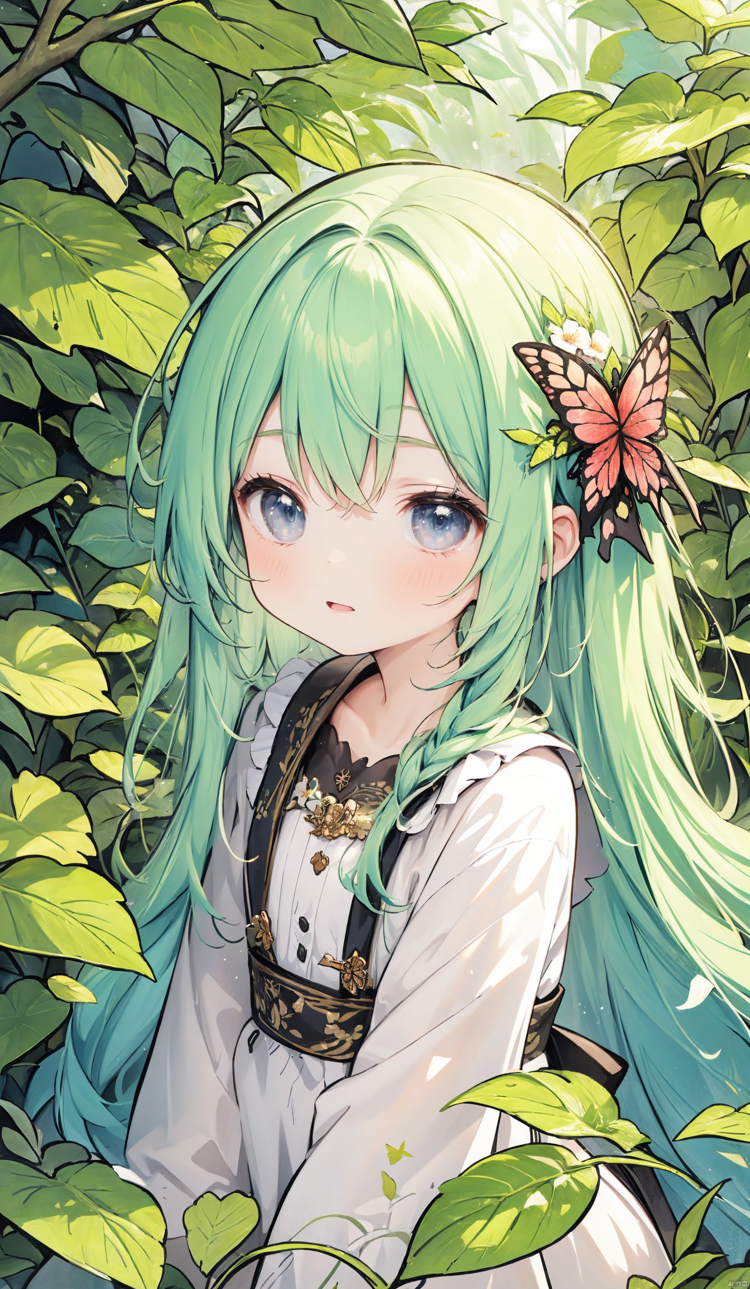  1 girl, surrounded by big leaf plants, wearing flower accessories, (Old-growth forest), (long hair) puberty, young girl, bright outline,Butterfly Dance, chibi, surrealistic,tuyawang, senlin