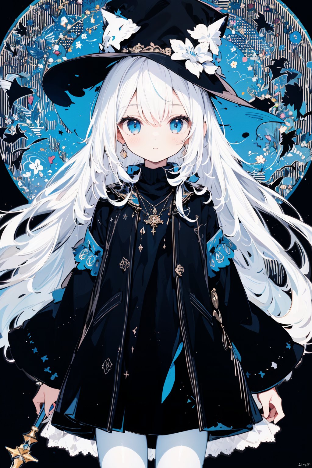  1girl,(flat color,limited palette,low contrast:1.2),(magic circle:1.2),Gorgeous,Elegant,Bohemian style,1girl,loli,((catgirl)),Magician,Warlock,(Staff), lace Magic Robe,(Sapphire Necklace),White Hair,very long hair,blue eyes,Wizard Hat,(Raven),Forest Mountain Background,looking at viewer,\nmasterpiece,best quality,high quality,highres,absurdres,printing,eyesseye, backlight, colors, white pantyhose