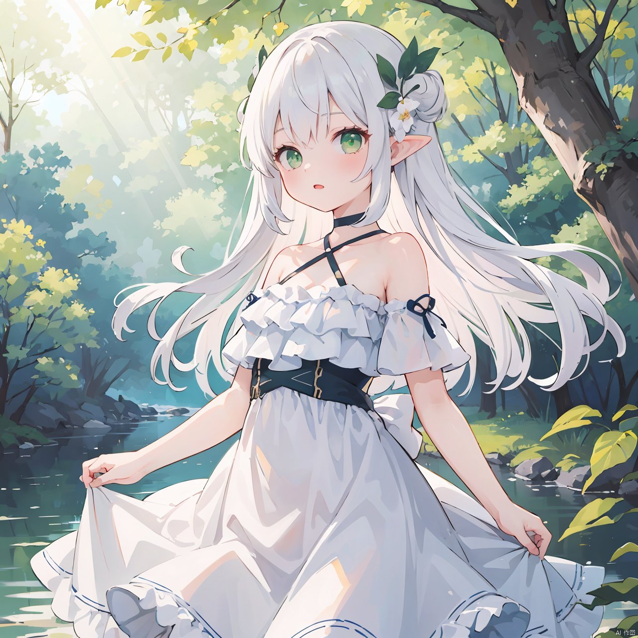 (((masterpiece))), (((best quality))), ((ultra-detailed)), (illustration), ((an extremely delicate and beautiful)),dynamic angle,floating, (beautiful detailed eyes), (detailed light) (1girl), loli, small_breasts, floating_hair,  glowing eyes, pointy_ears, white hair, green eyes,halter dress, feather, leaves, nature, (sunlight), river, (forest),(painting),(sketch),(bloom)