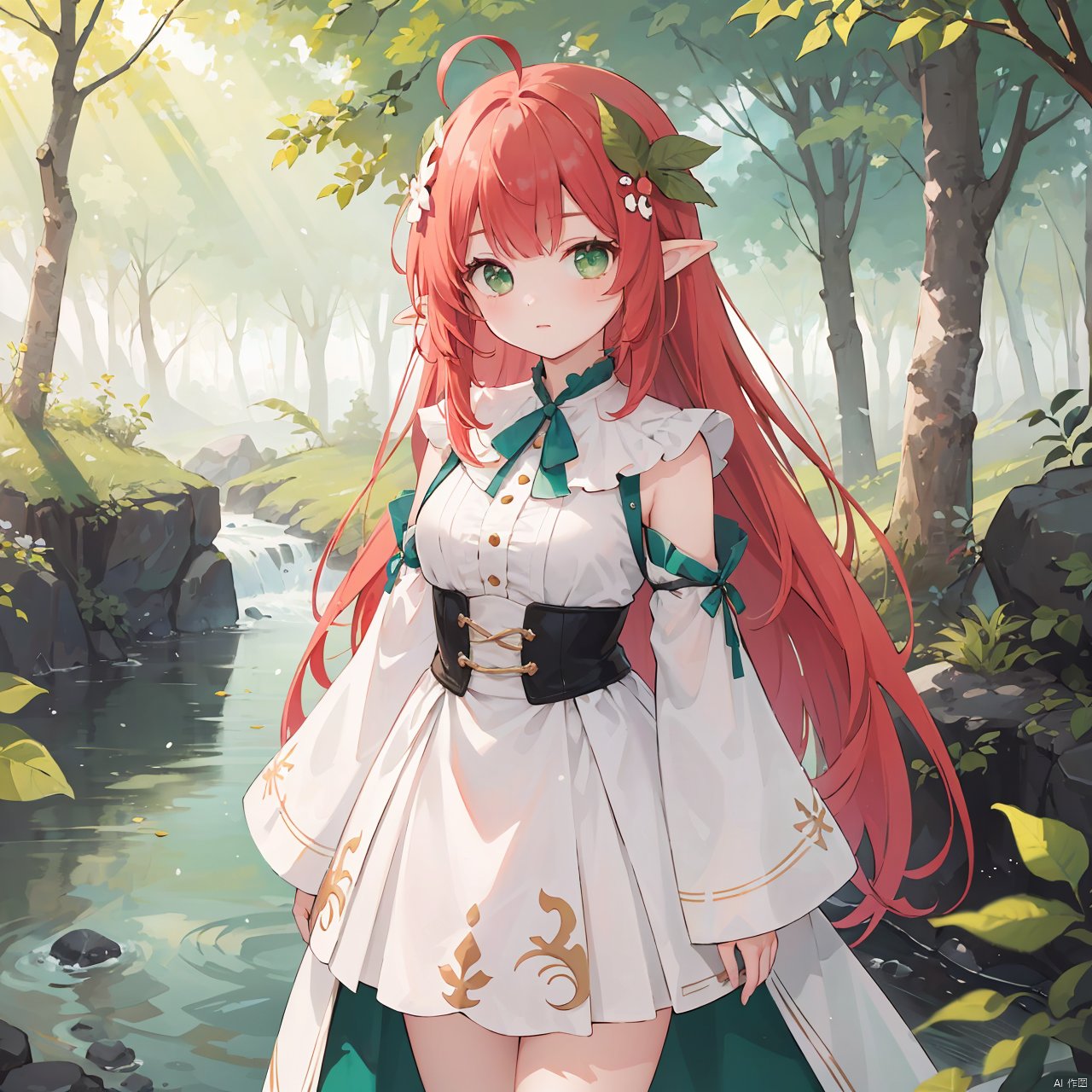 (masterpiece),  (best quality),  Exquisite visuals,  high-definition,  (ultra detailed),  finely detail,  ((solo)),  (beautiful detailed eyes),  long hair,  red hair,  asymmetrical bangs,  ahoge,  green eyes,  pointy ears,  Cherry hair ornament,  looking at viewer,  standing, leaves,  nature,  (sunlight),  river,  (forest)