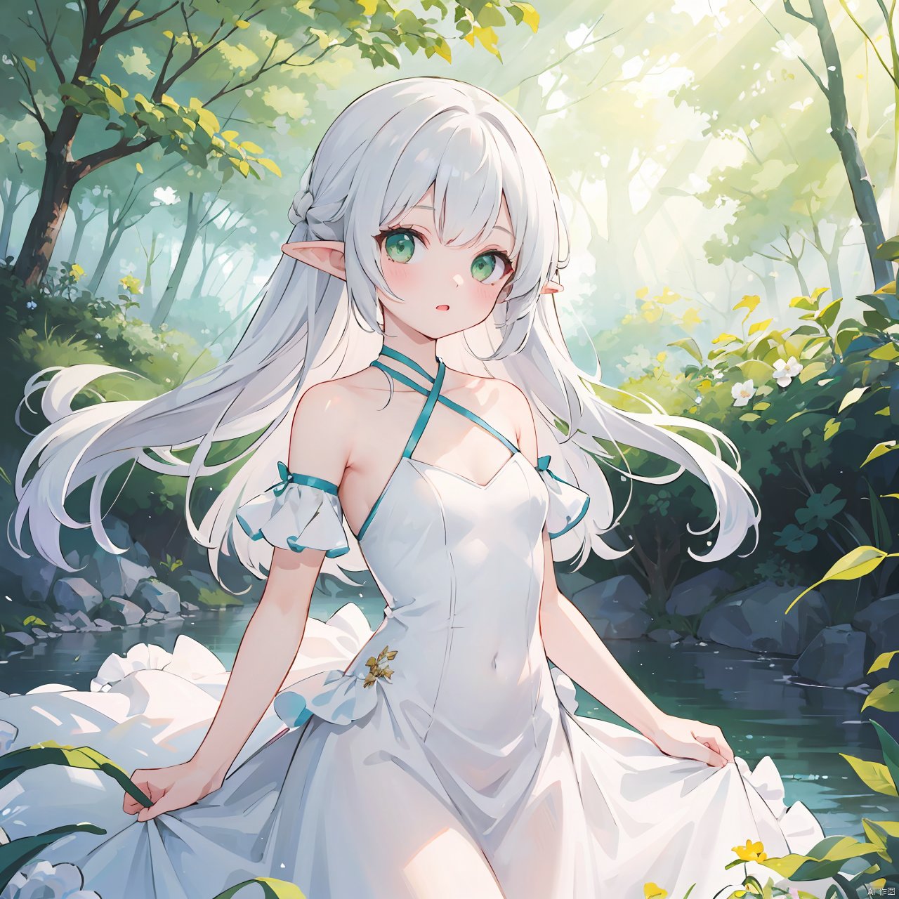 (((masterpiece))), (((best quality))), ((ultra-detailed)), (illustration), ((an extremely delicate and beautiful)),dynamic angle,floating, (beautiful detailed eyes), (detailed light) (1girl), loli, small_breasts, floating_hair,  glowing eyes, pointy_ears, white hair, green eyes,halter dress, feather, leaves, nature, (sunlight), river, (forest),(painting),(sketch),(bloom)