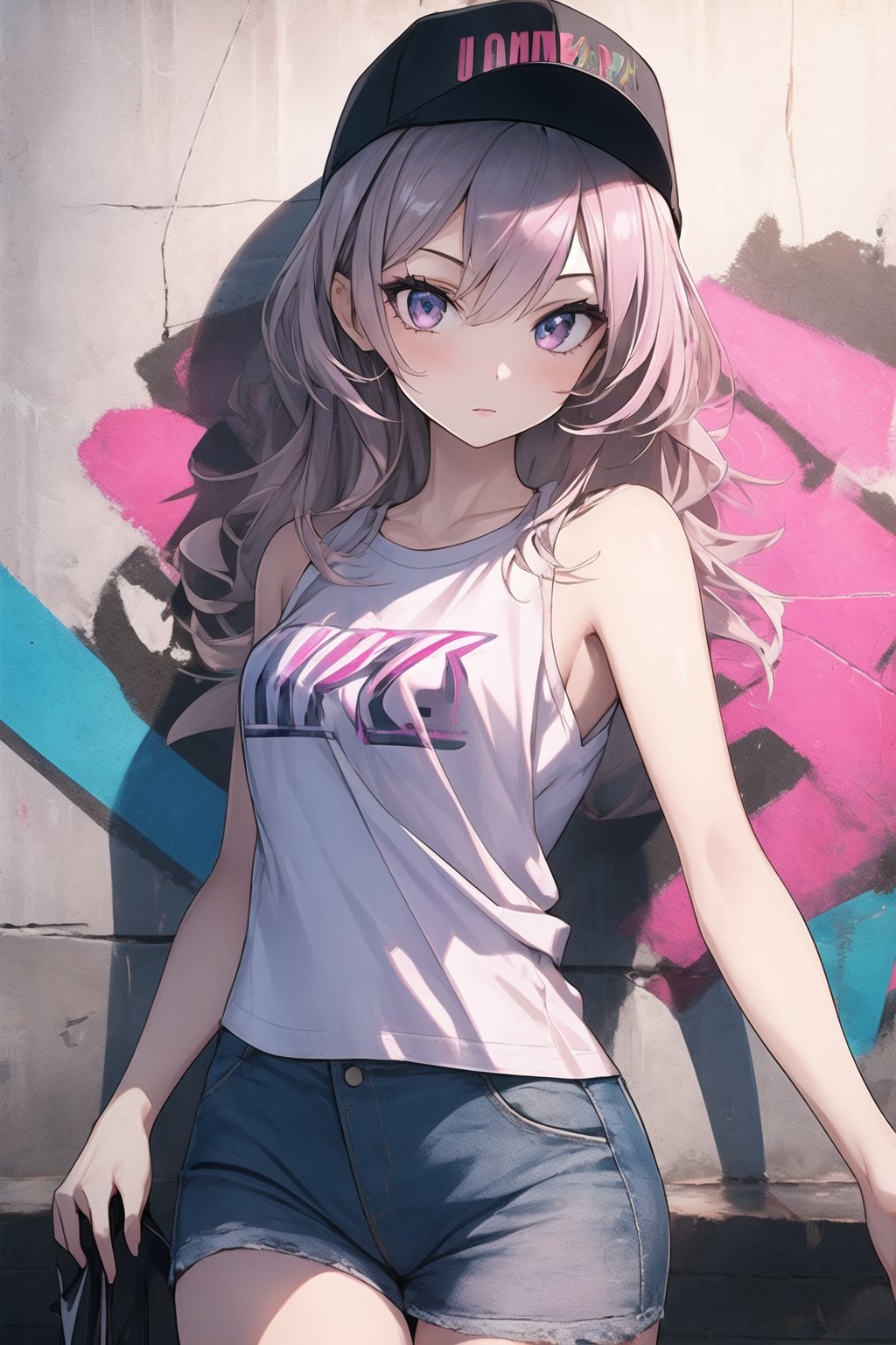 1girl,graffiti,in the style of dark silver and light pink,street scene,utilitarian,8k,shiny/glossy,toonami,uniformly staged images,graffiti,t-shirt,bare arms,<lora:February:0.8>,