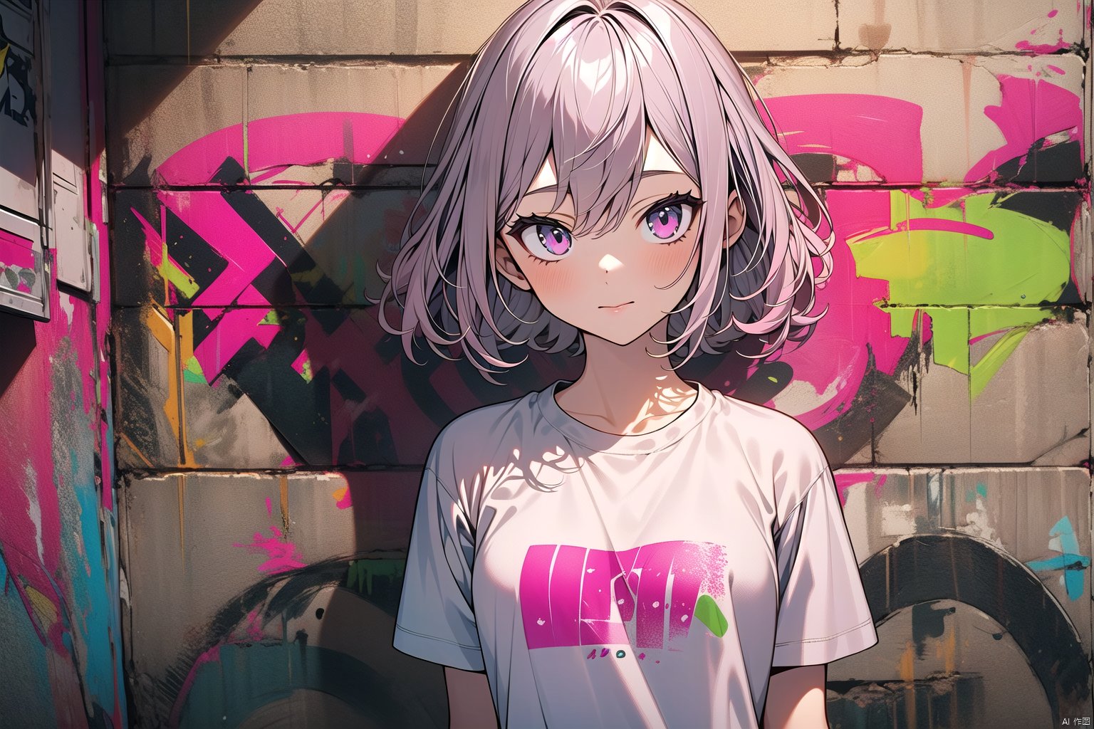 1girl,graffiti,in the style of dark silver and light pink,street scene,utilitarian,8k,shiny/glossy,toonami,uniformly staged images,graffiti,t-shirt,bare arms,,
